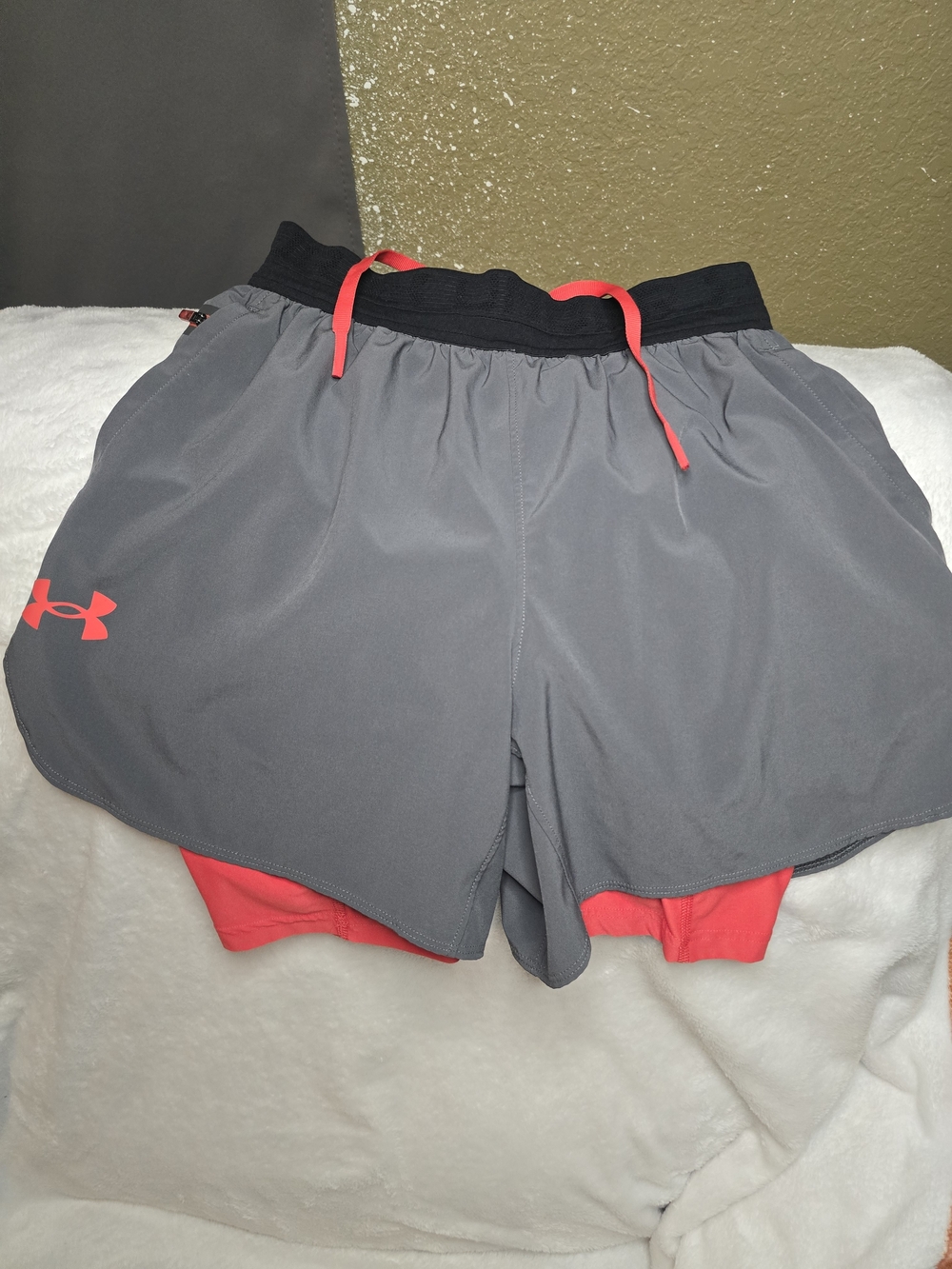 Under Armour Men’s Gray Athletic Shorts with Coral Accents